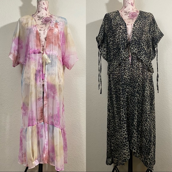 Sz: XXL/XXXL (2X-3X) Dark Leopard Print & Tie-Dye Multi-Color Swim Cover Kimonos - Picture 3 of 14